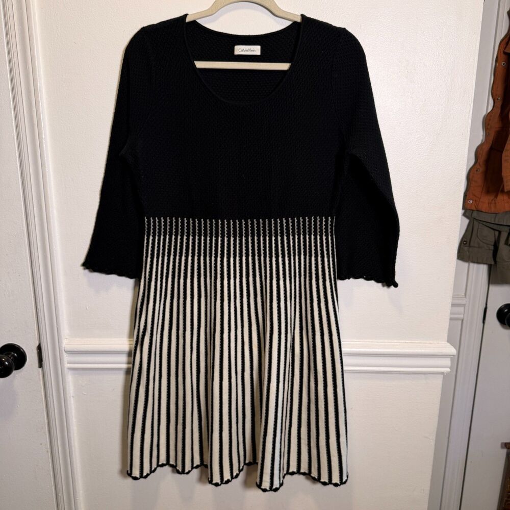 Calvin Klein Womens Black White Stripe Knit Sweater Dress Fit Flare Bell Sleeve